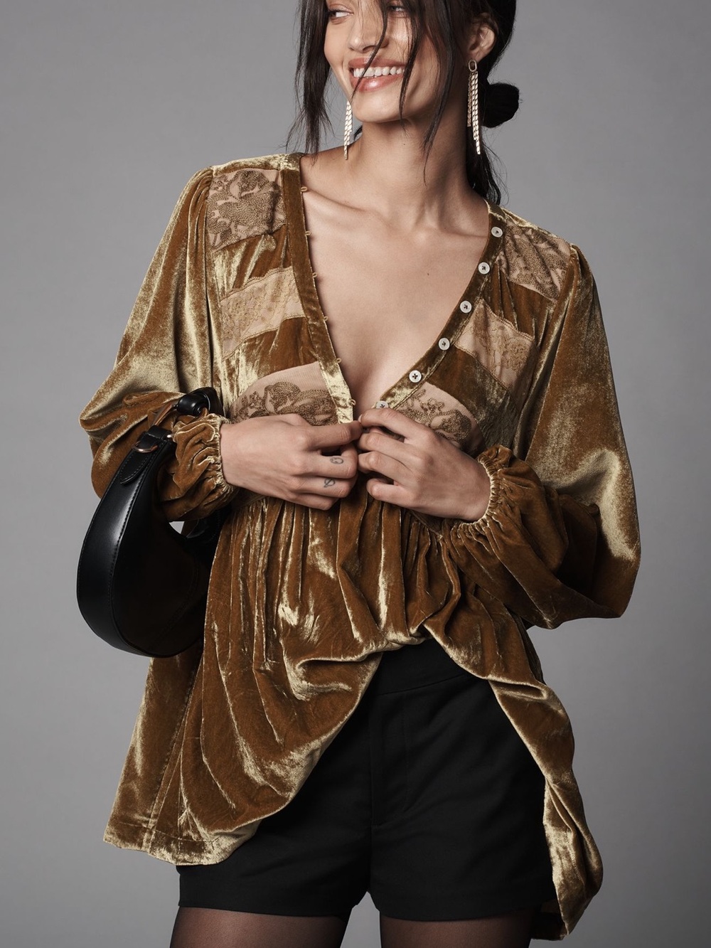 Anthropologie Golden Velvet V-Neck Peasant Blouse with detail small